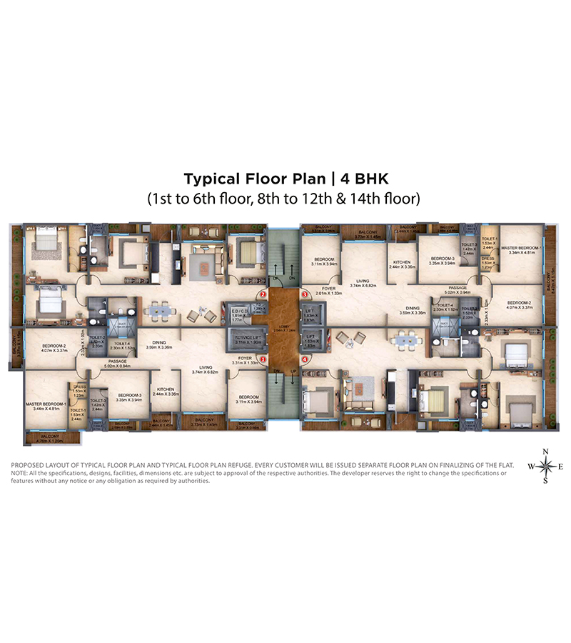 Typical Floor Plan 4 bhk - Tower of Adyar - Nahar Group
