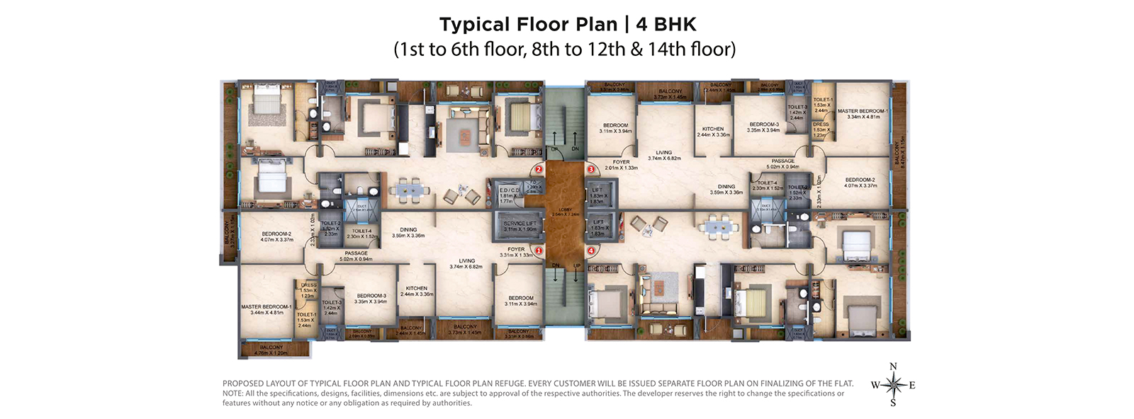 Typical Floor Plan 4 bhk - Tower of Adyar - Nahar Group